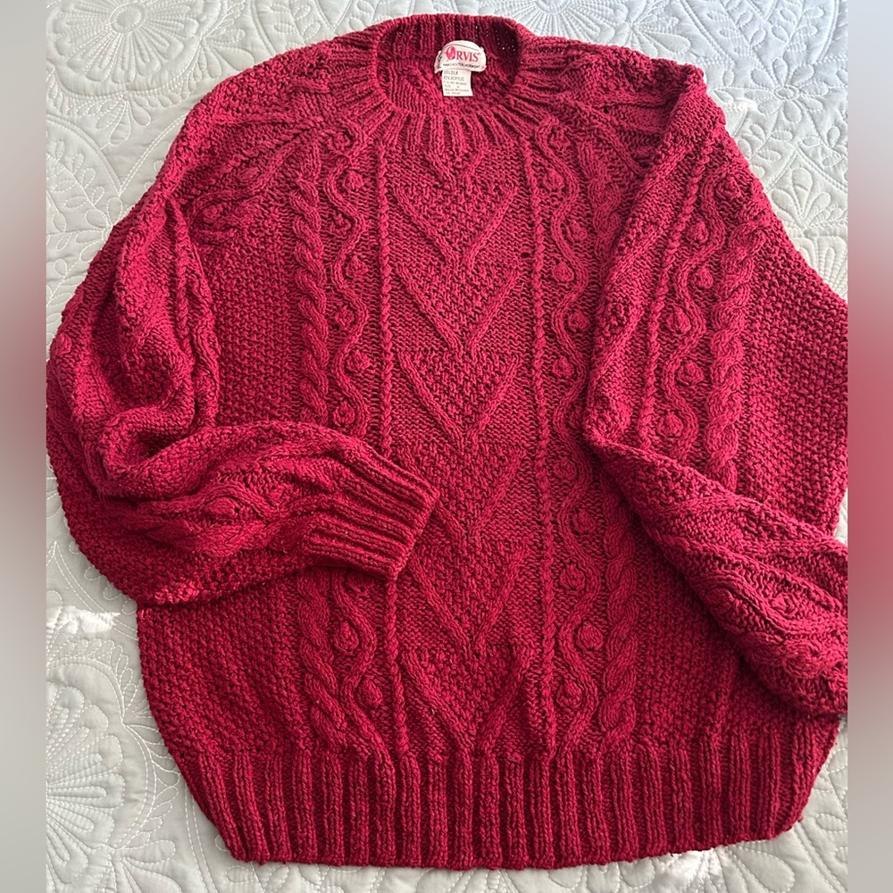 Vintage Orvis red cable-knit sweater, size M, silk blend.